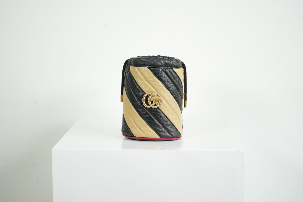 Gucci GG Marmont Quilted Stripe Leather Mini Bucket Bag Black Beige