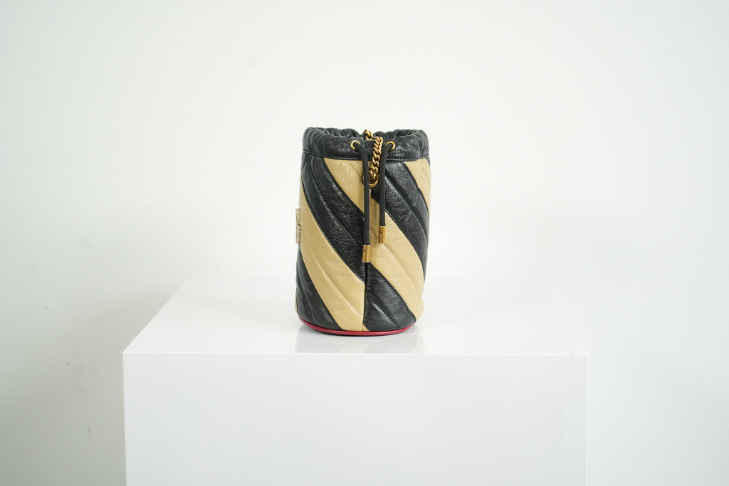 Gucci GG Marmont Quilted Stripe Leather Mini Bucket Bag Black Beige