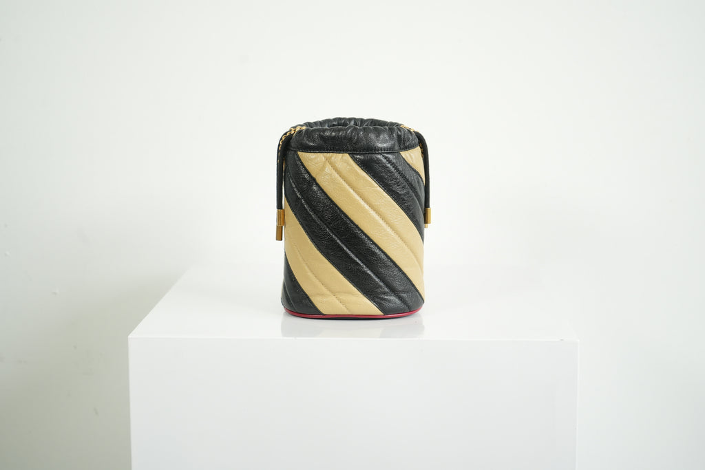 Gucci GG Marmont Quilted Stripe Leather Mini Bucket Bag Black Beige