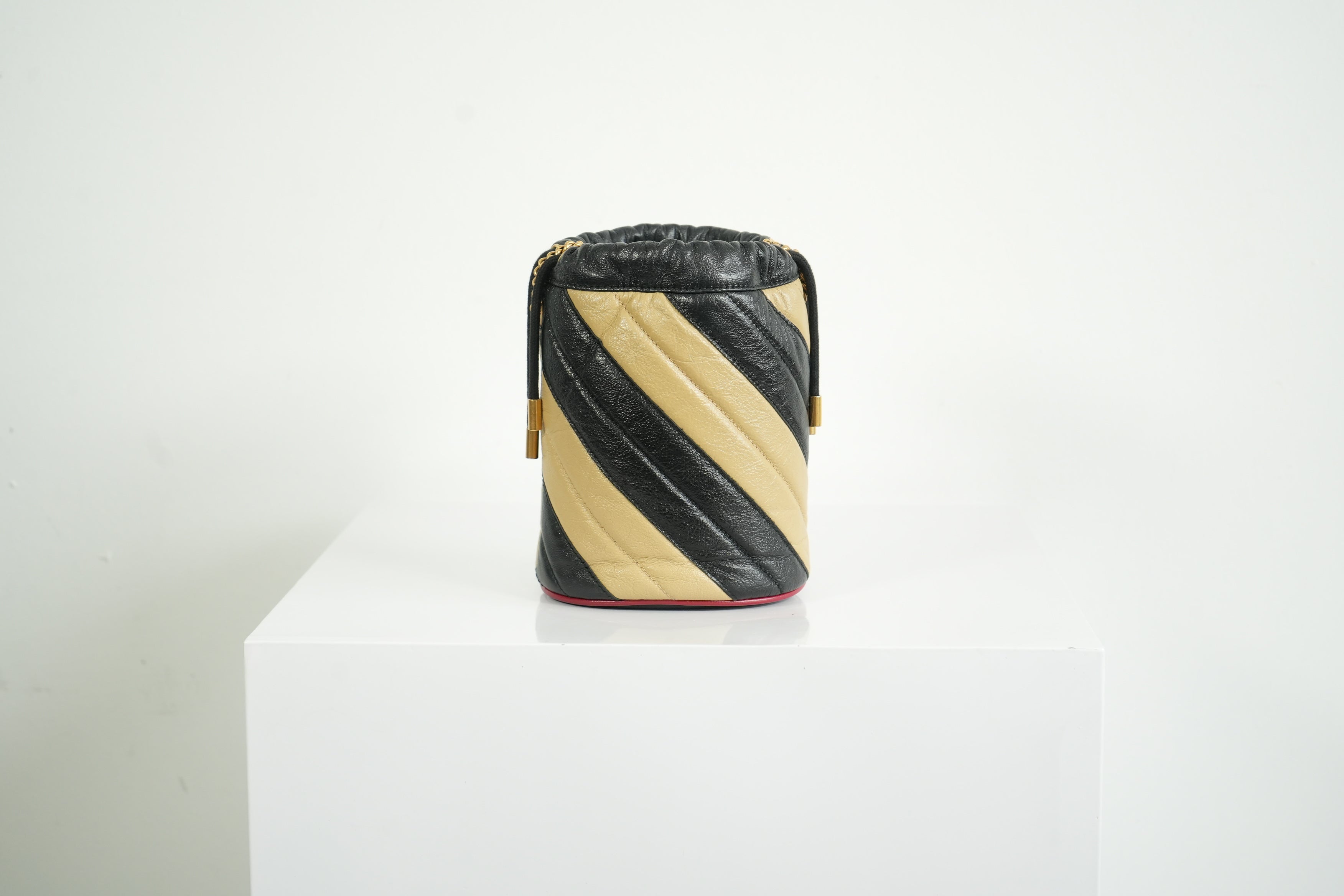 Gucci GG Marmont Quilted Stripe Leather Mini Bucket Bag Black Beige