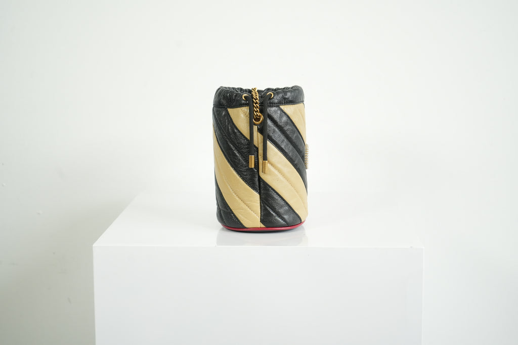 Gucci GG Marmont Quilted Stripe Leather Mini Bucket Bag Black Beige