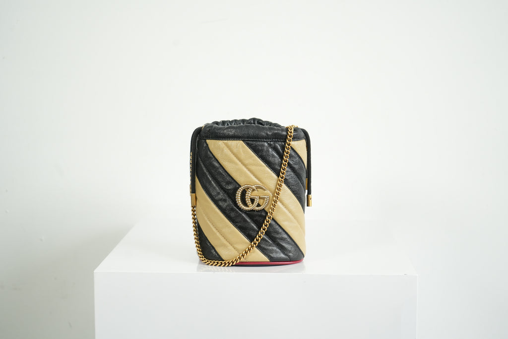 Gucci GG Marmont Quilted Stripe Leather Mini Bucket Bag Black Beige