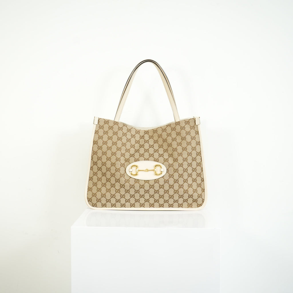 Gucci 1955 Horsebit Tote Bag GG Supreme Canvas White Leather