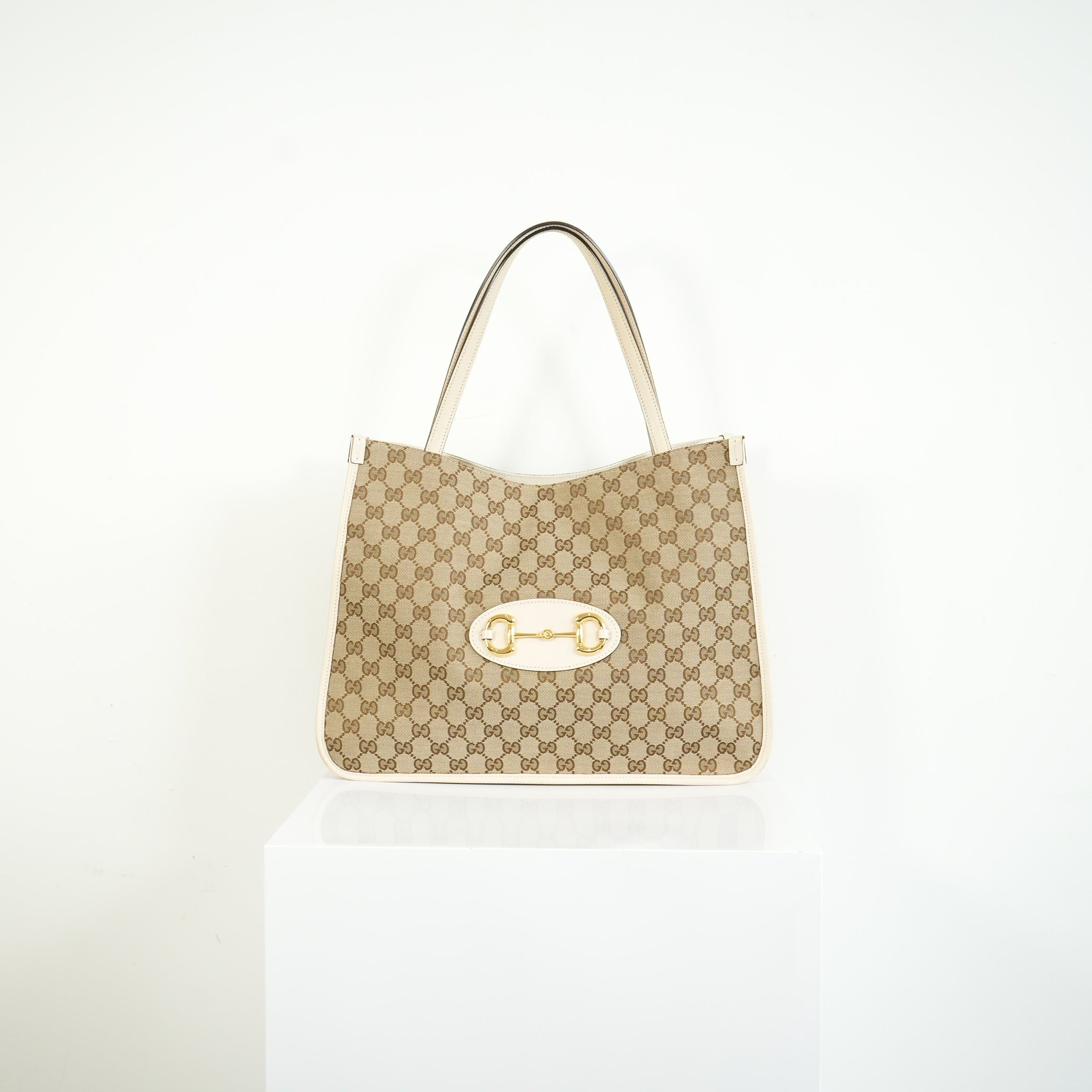 Gucci 1955 Horsebit Tote Bag GG Supreme Canvas White Leather