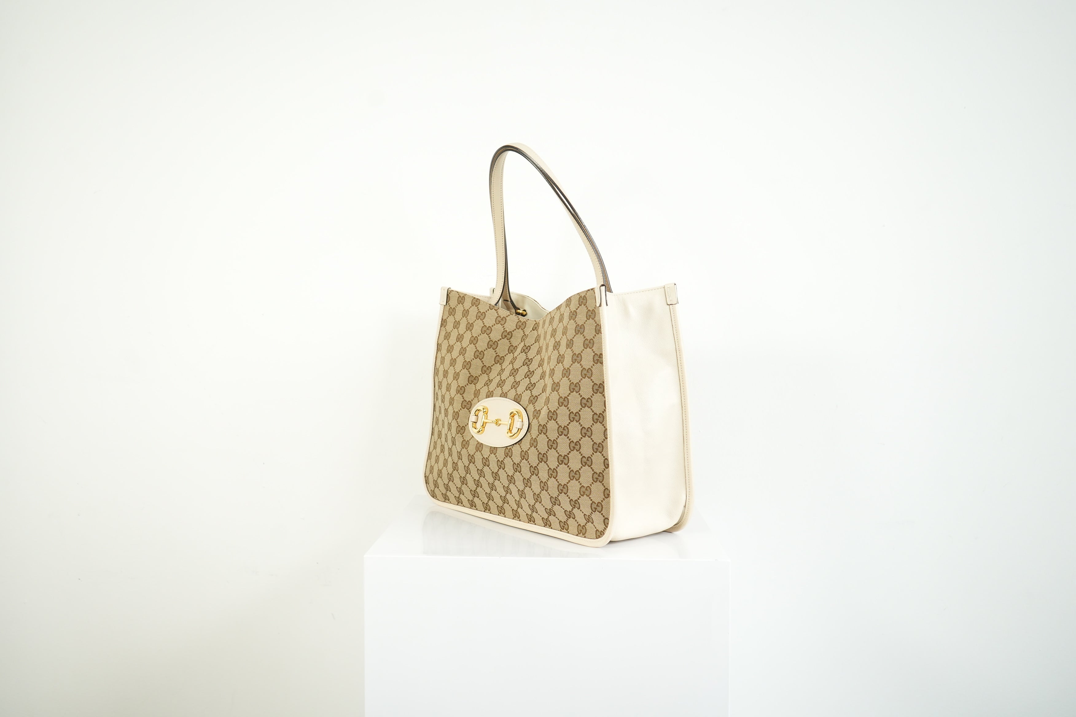 Gucci 1955 Horsebit Tote Bag GG Supreme Canvas White Leather