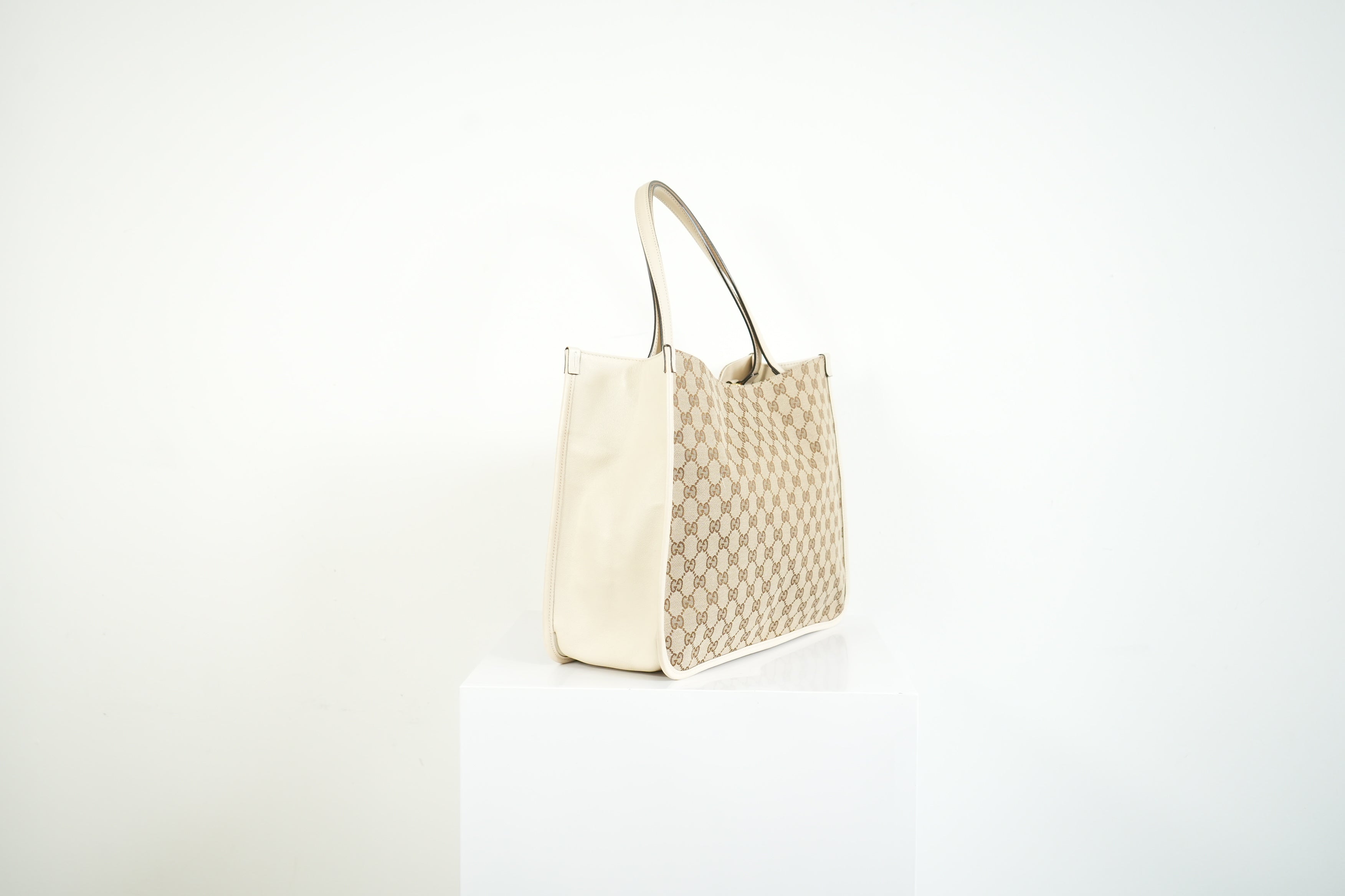 Gucci 1955 Horsebit Tote Bag GG Supreme Canvas White Leather