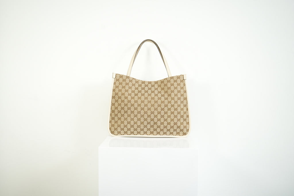 Gucci 1955 Horsebit Tote Bag GG Supreme Canvas White Leather