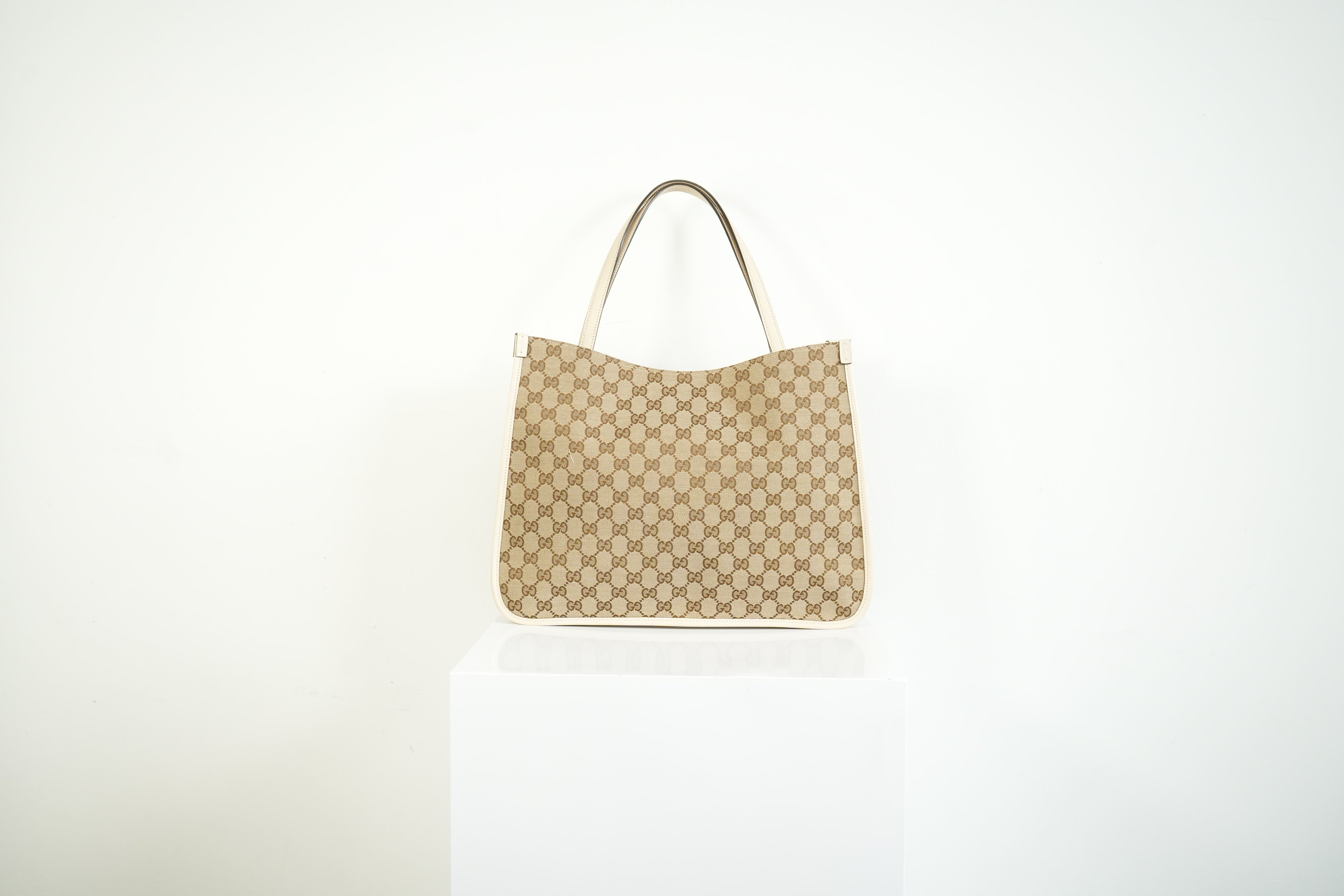 Gucci 1955 Horsebit Tote Bag GG Supreme Canvas White Leather