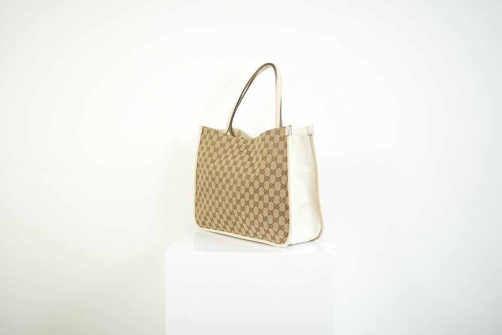 Gucci 1955 Horsebit Tote Bag GG Supreme Canvas White Leather