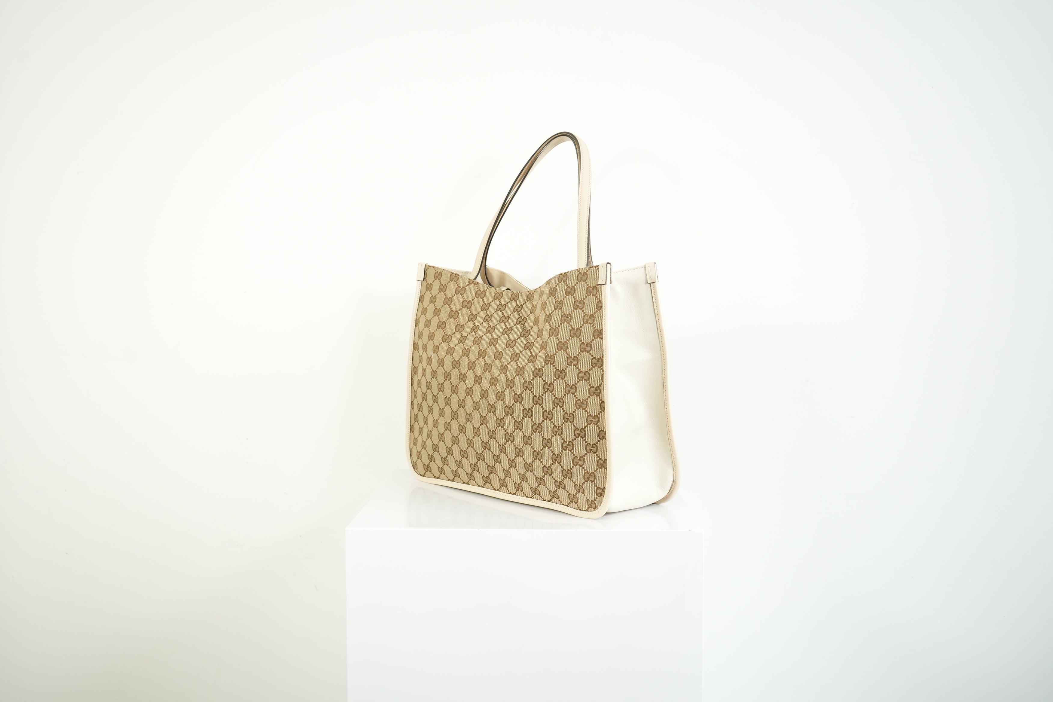 Gucci 1955 Horsebit Tote Bag GG Supreme Canvas White Leather