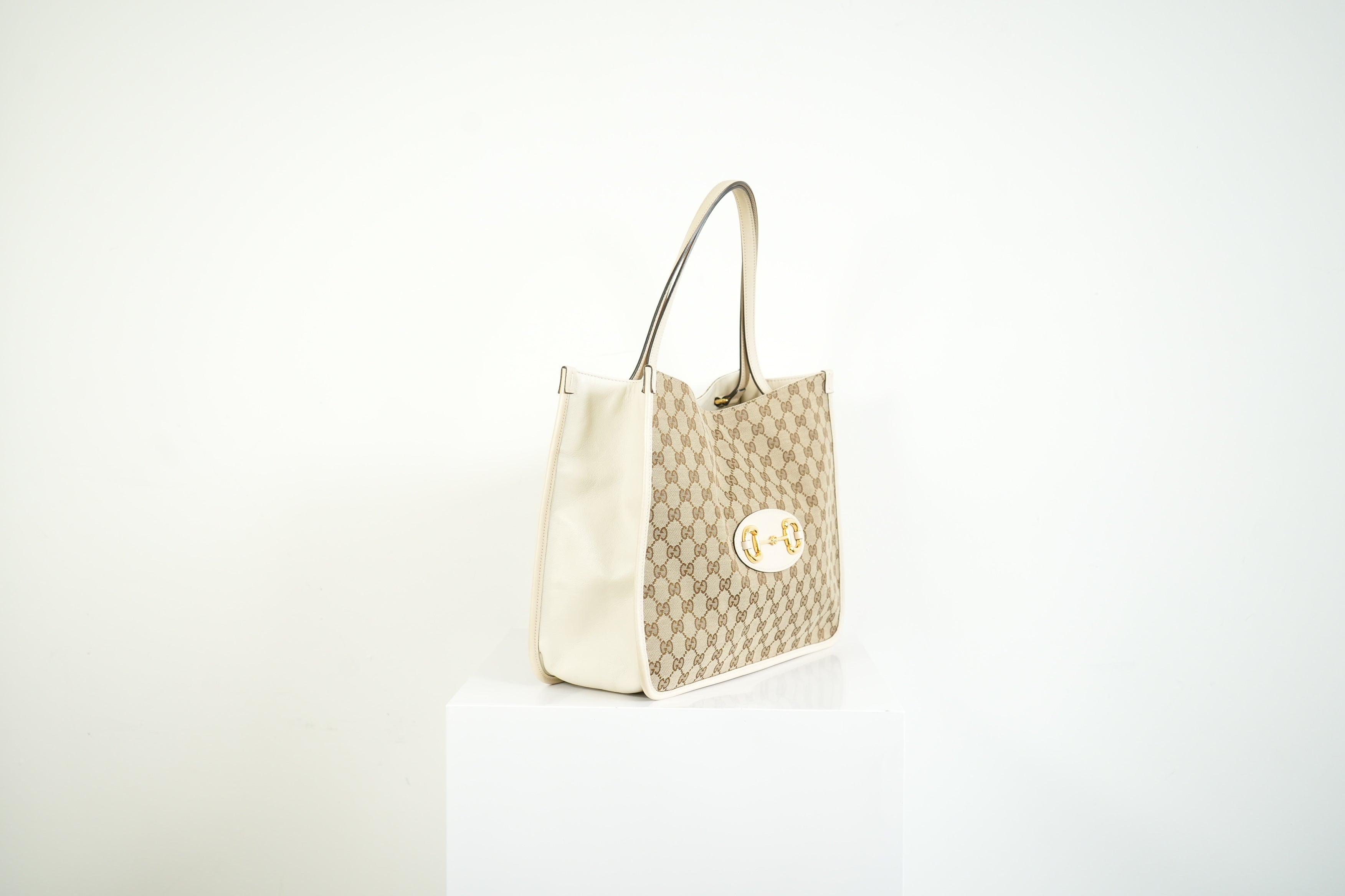 Gucci 1955 Horsebit Tote Bag GG Supreme Canvas White Leather
