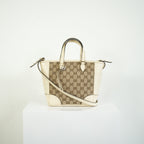 Gucci Bree GG Canvas Top Handle Bag Ivory Leather Crossbody Tote