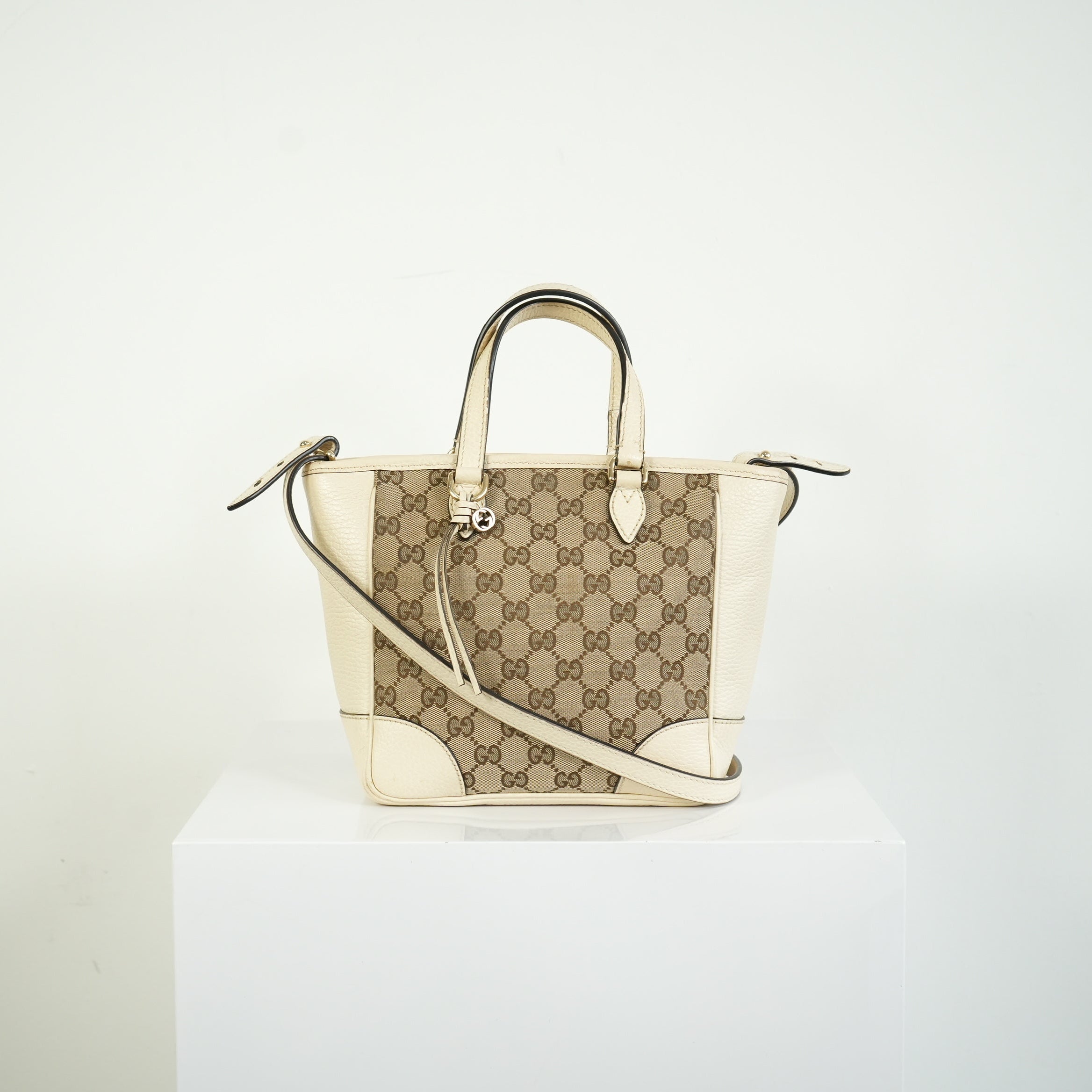 Gucci Bree GG Canvas Top Handle Bag Ivory Leather Crossbody Tote