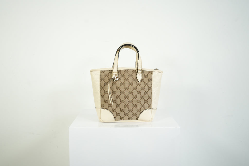 Gucci Bree GG Canvas Top Handle Bag Ivory Leather Crossbody Tote