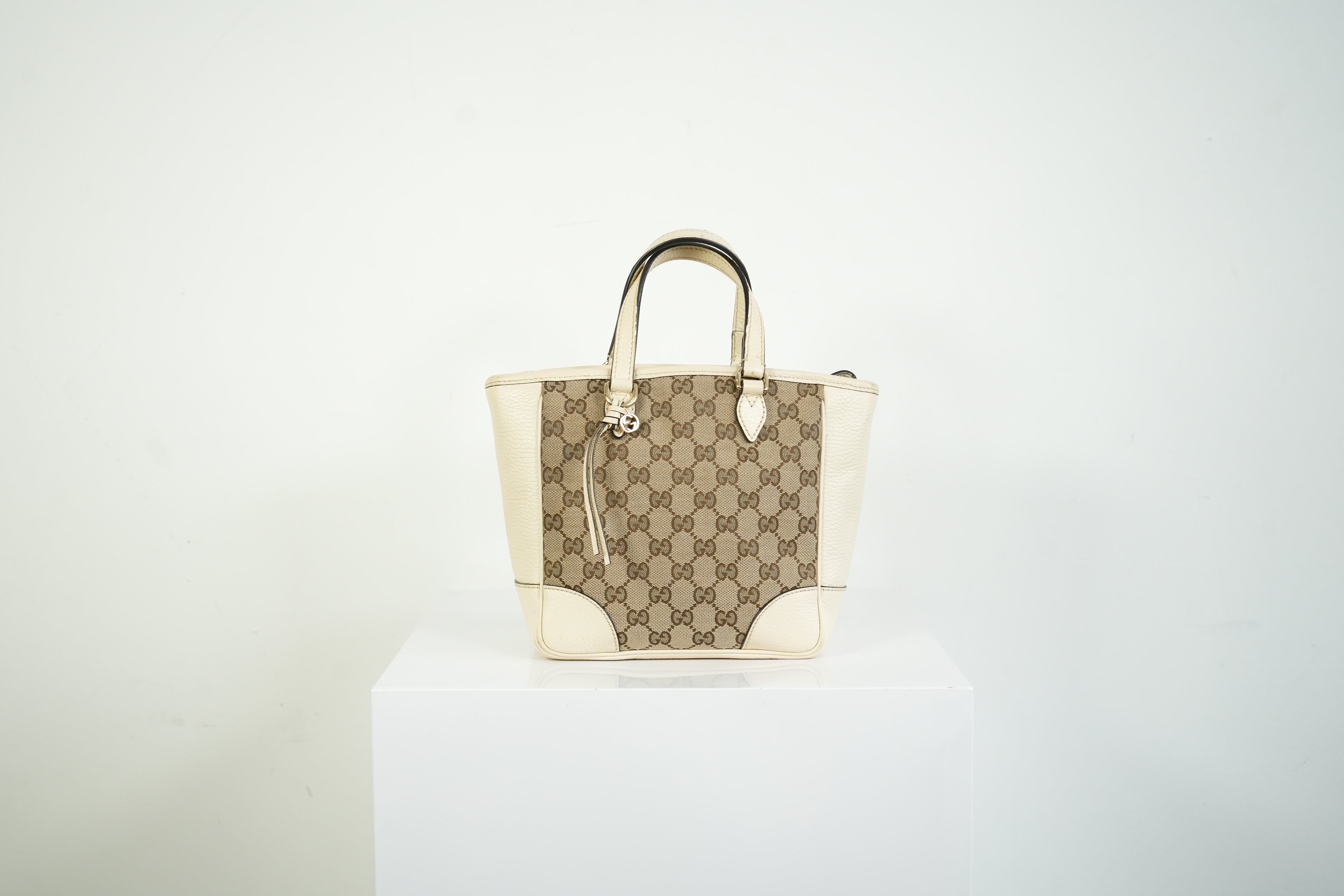 Gucci Bree GG Canvas Top Handle Bag Ivory Leather Crossbody Tote