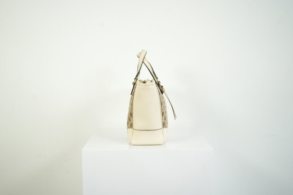 Gucci Bree GG Canvas Top Handle Bag Ivory Leather Crossbody Tote