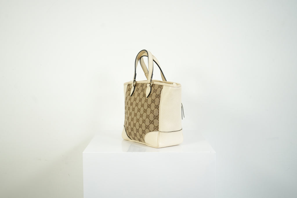 Gucci Bree GG Canvas Top Handle Bag Ivory Leather Crossbody Tote