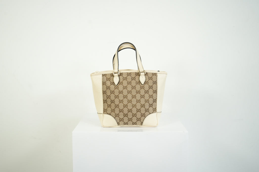 Gucci Bree GG Canvas Top Handle Bag Ivory Leather Crossbody Tote