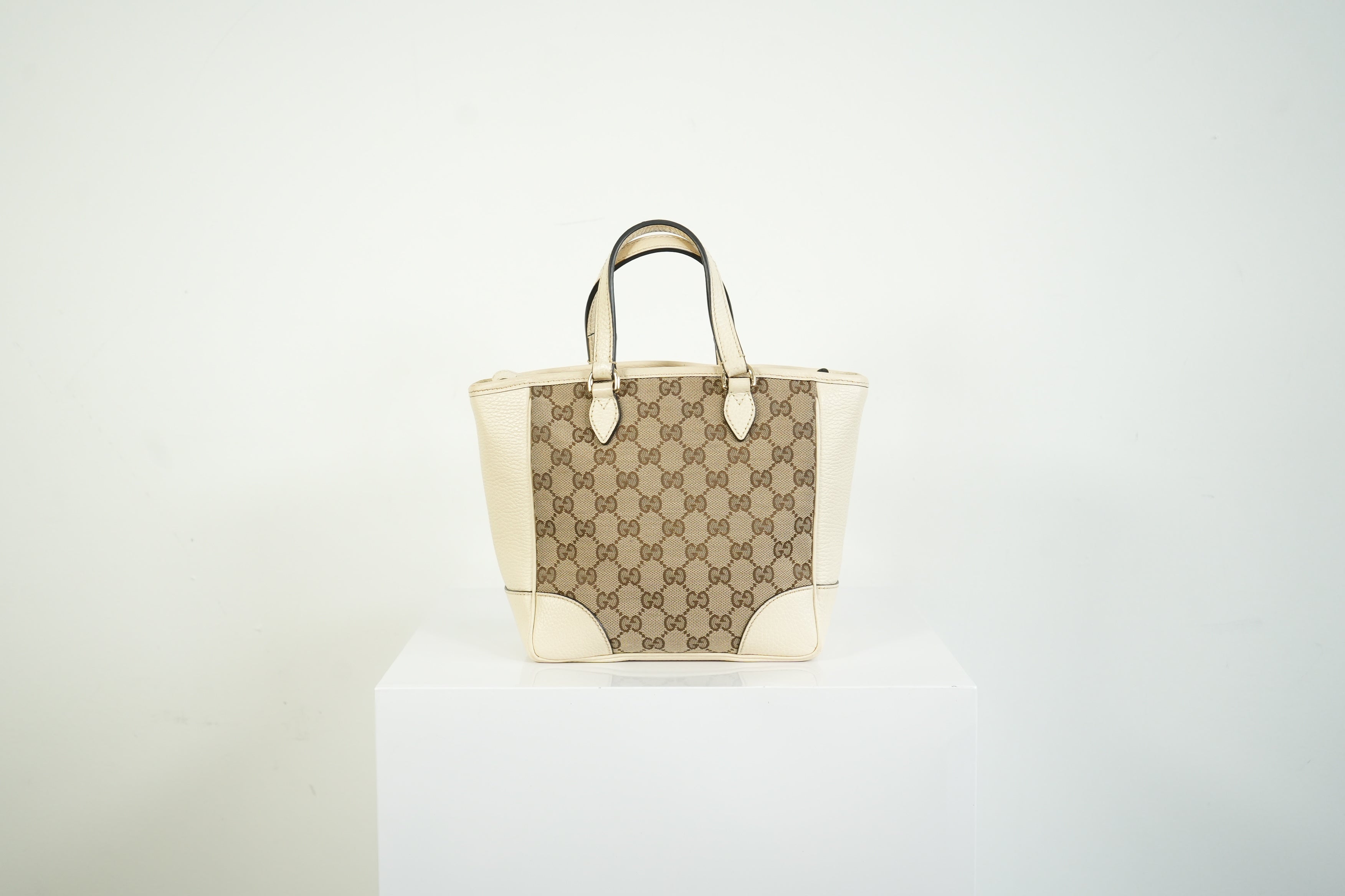 Gucci Bree GG Canvas Top Handle Bag Ivory Leather Crossbody Tote