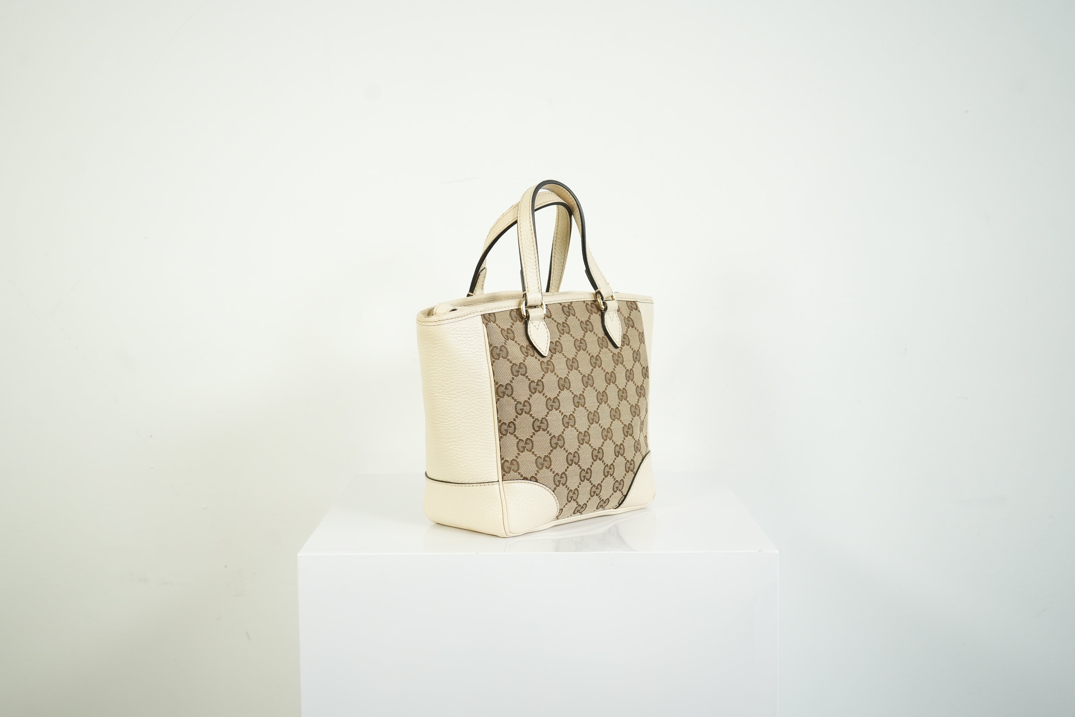 Gucci Bree GG Canvas Top Handle Bag Ivory Leather Crossbody Tote