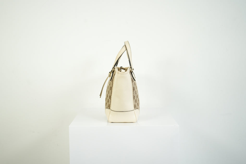 Gucci Bree GG Canvas Top Handle Bag Ivory Leather Crossbody Tote