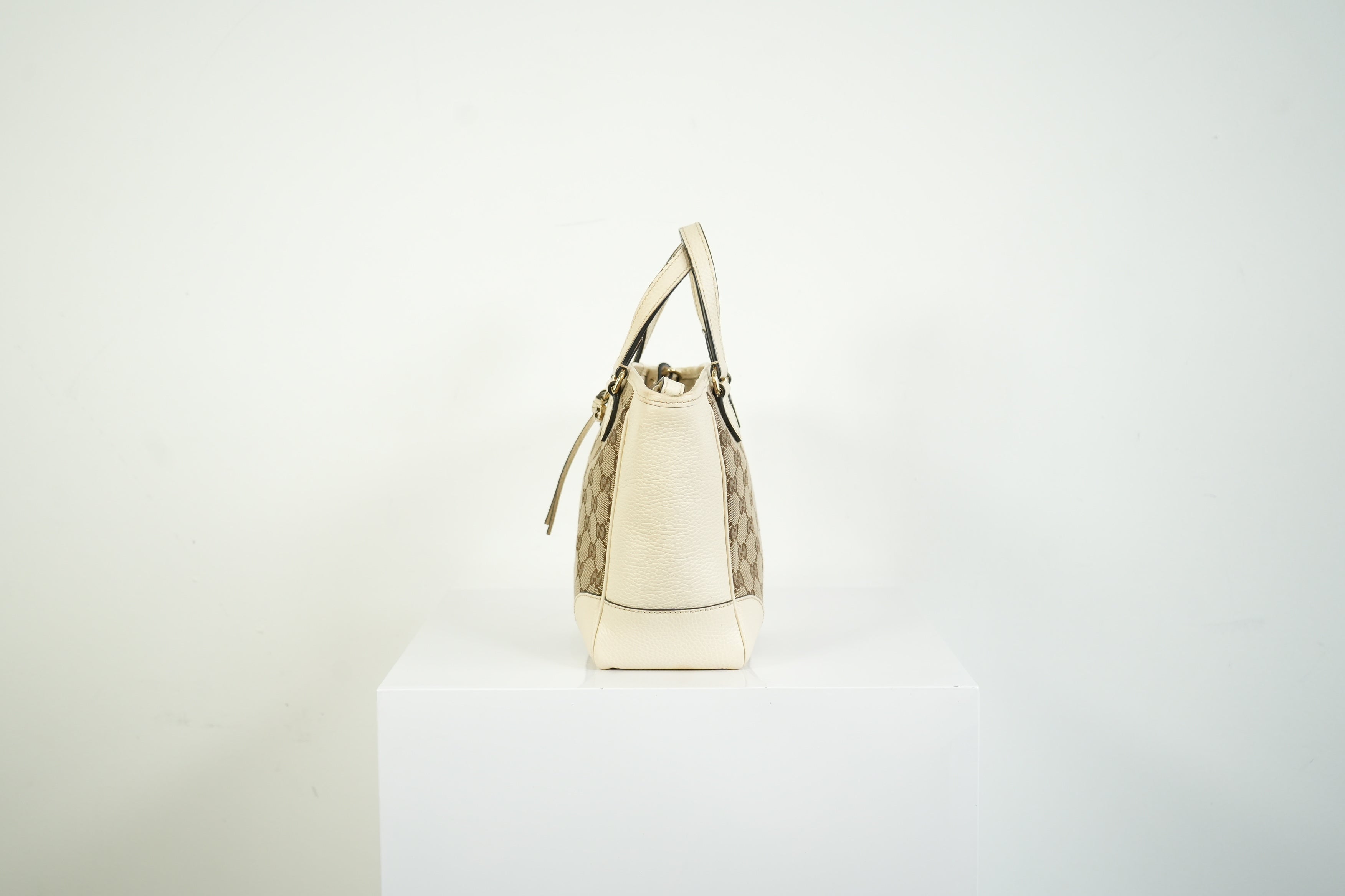 Gucci Bree GG Canvas Top Handle Bag Ivory Leather Crossbody Tote