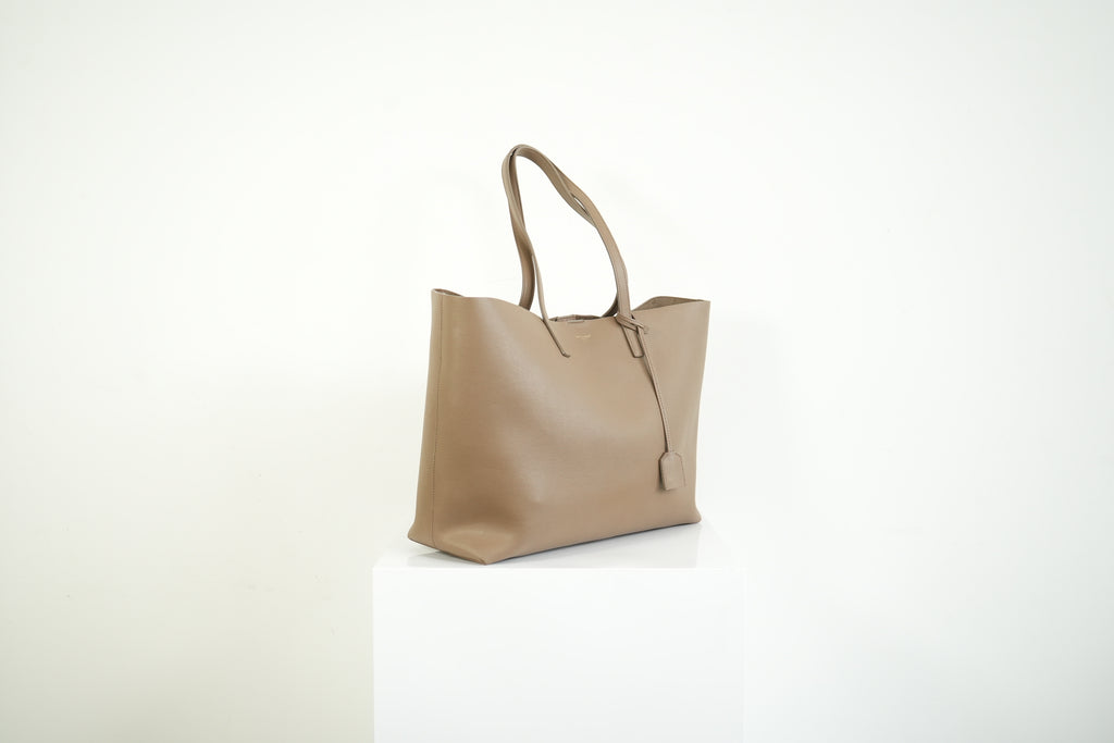 Saint Laurent Shopping Tote Pebbled Leather Taupe Tan Shoulder Bag