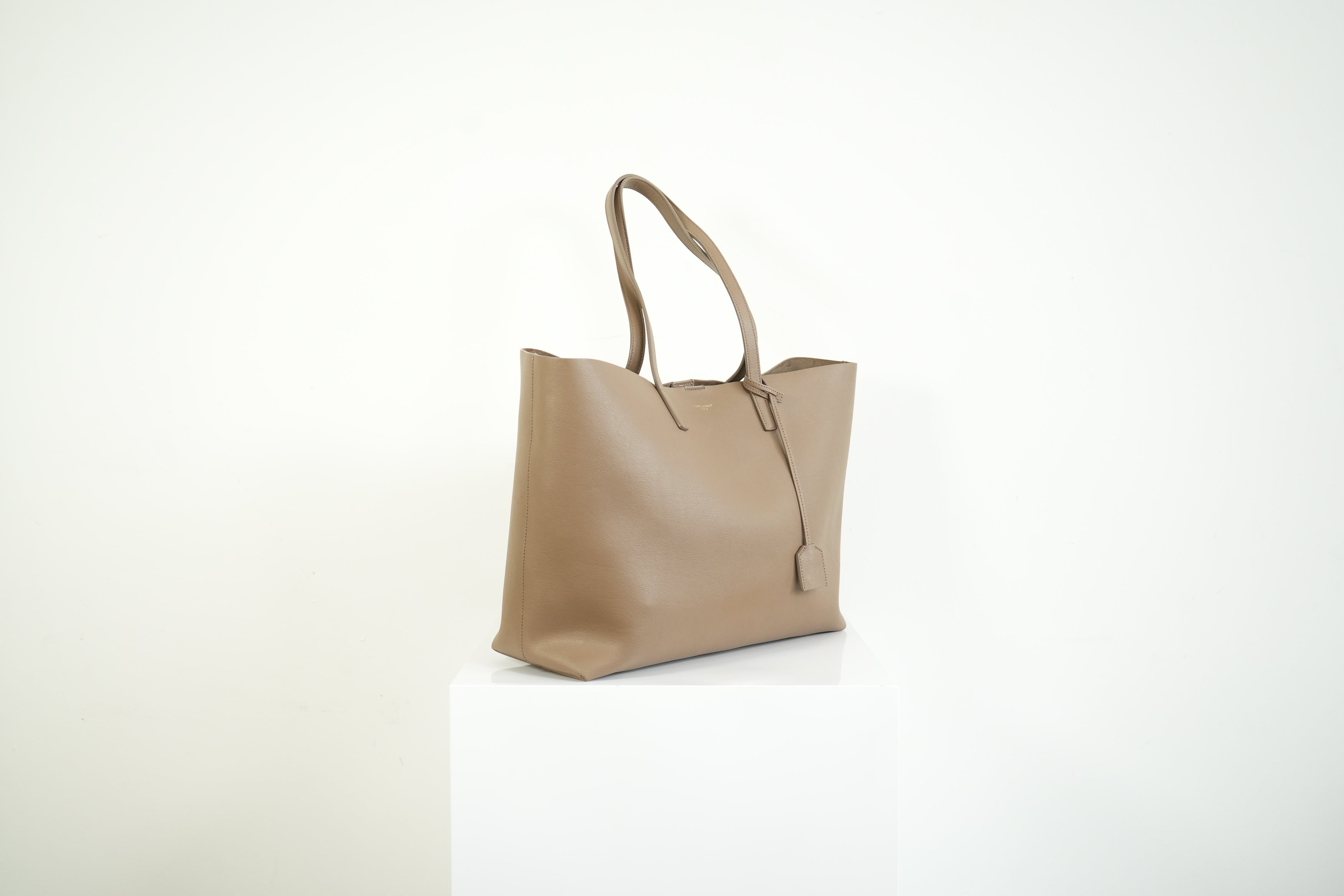 Saint Laurent Shopping Tote Pebbled Leather Taupe Tan Shoulder Bag