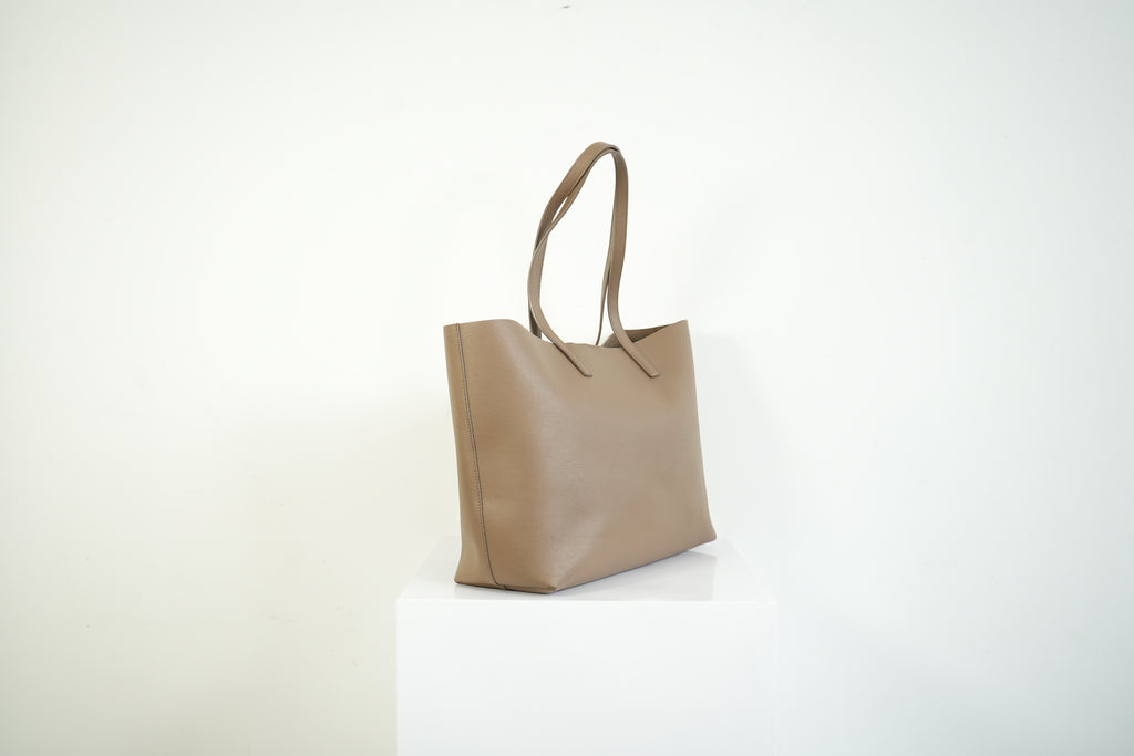 Saint Laurent Shopping Tote Pebbled Leather Taupe Tan Shoulder Bag