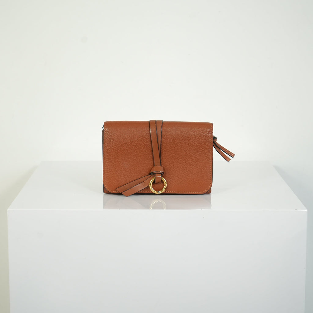 Chloe Alphabet Compact Wallet Tan Brown Pebbled Leather Gold Ring