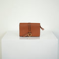 Chloe Alphabet Compact Wallet Tan Brown Pebbled Leather Gold Ring