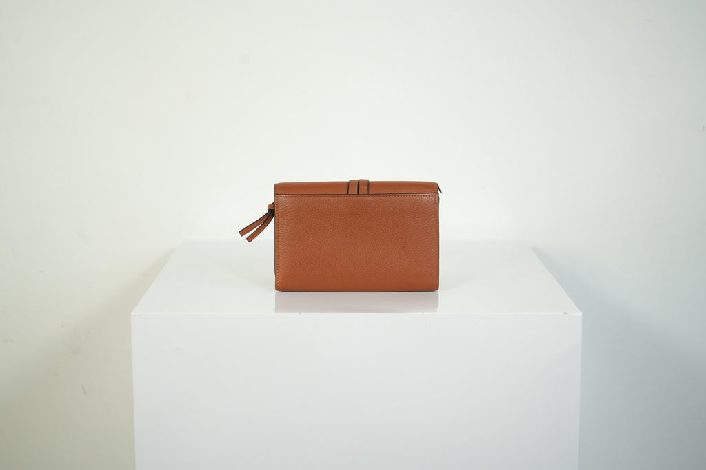 Chloe Alphabet Compact Wallet Tan Brown Pebbled Leather Gold Ring