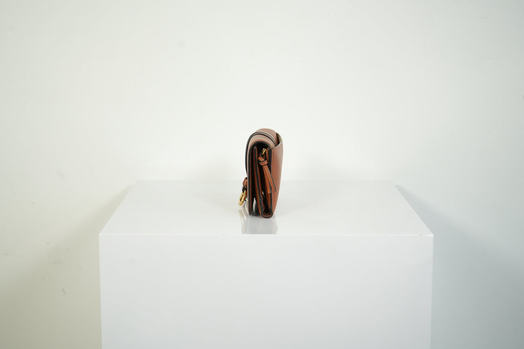 Chloe Alphabet Compact Wallet Tan Brown Pebbled Leather Gold Ring