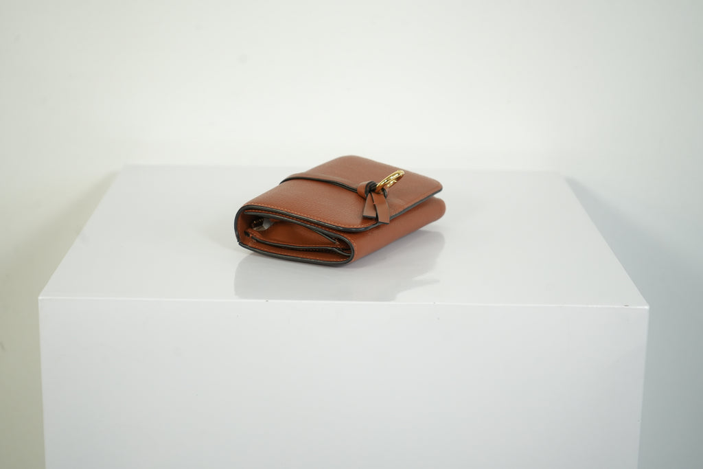 Chloe Alphabet Compact Wallet Tan Brown Pebbled Leather Gold Ring