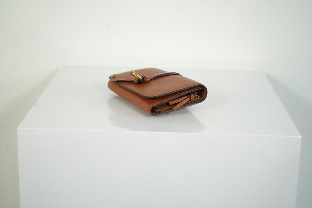 Chloe Alphabet Compact Wallet Tan Brown Pebbled Leather Gold Ring