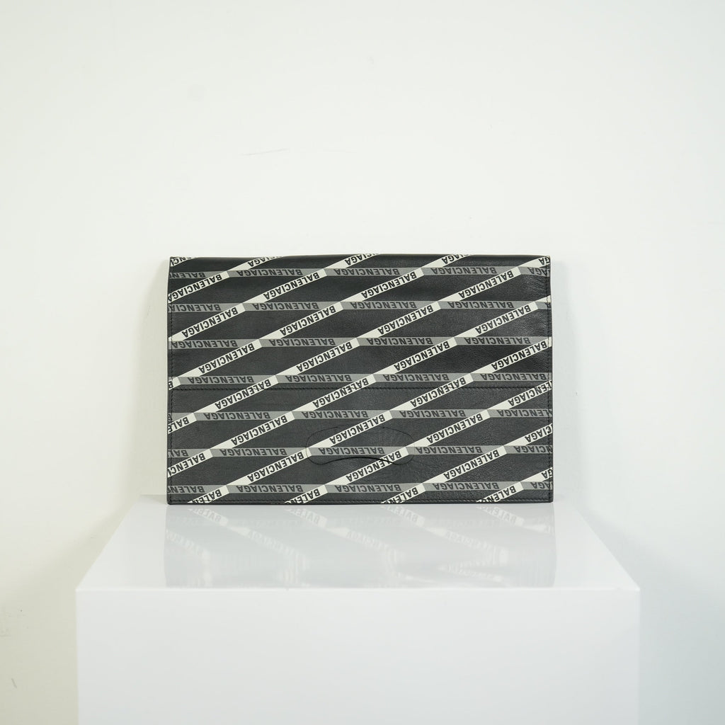 Balenciaga Diagonal Logo Print Leather Envelope Clutch Pouch Bag Black