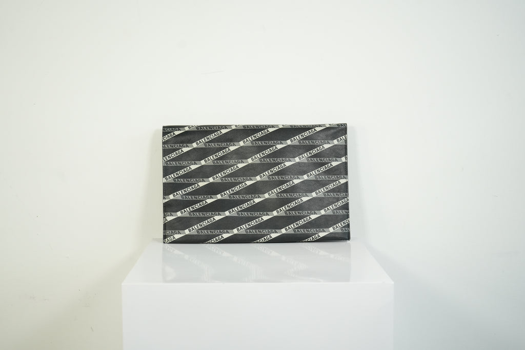 Balenciaga Diagonal Logo Print Leather Envelope Clutch Pouch Bag Black