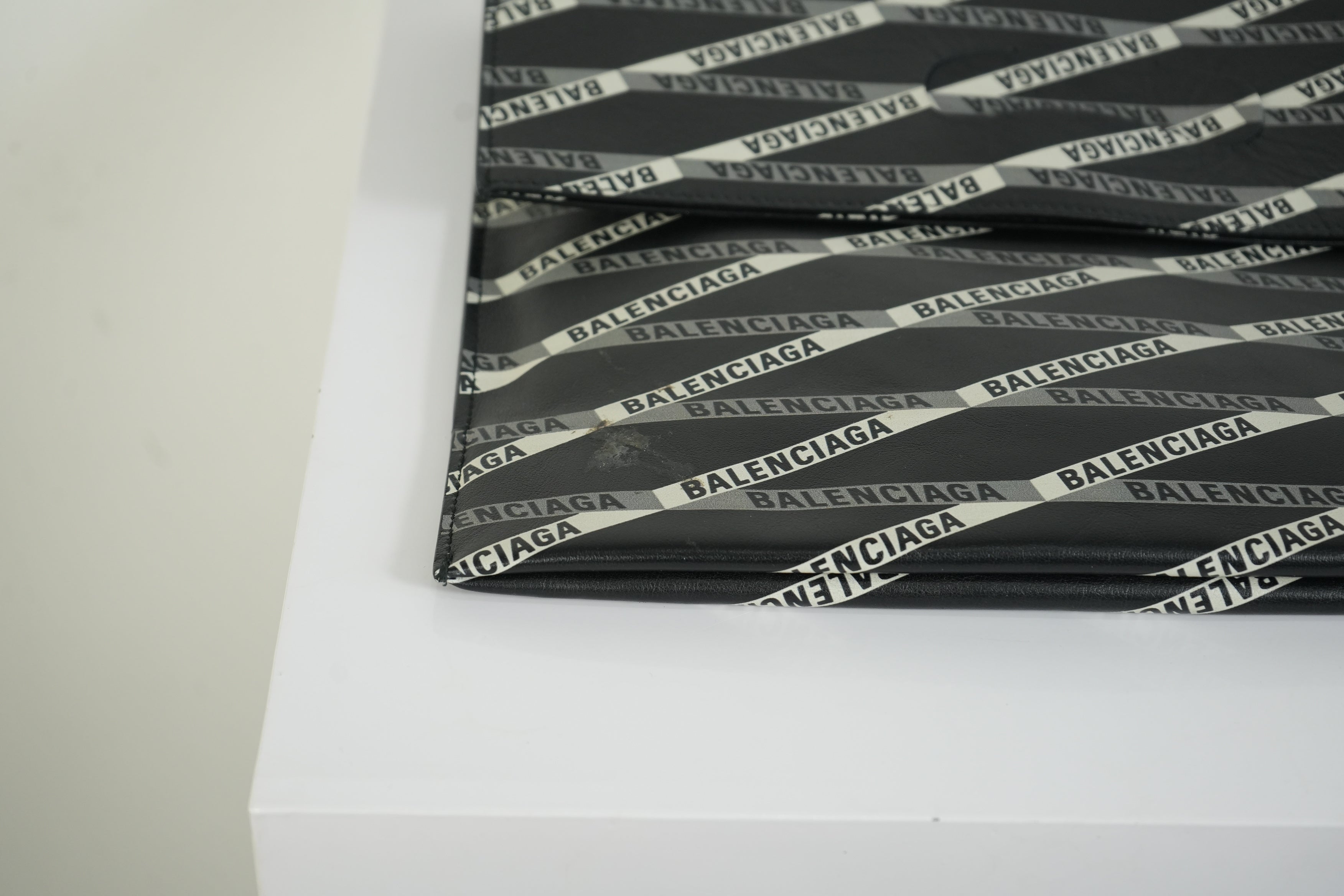 Balenciaga Diagonal Logo Print Leather Envelope Clutch Pouch Bag Black