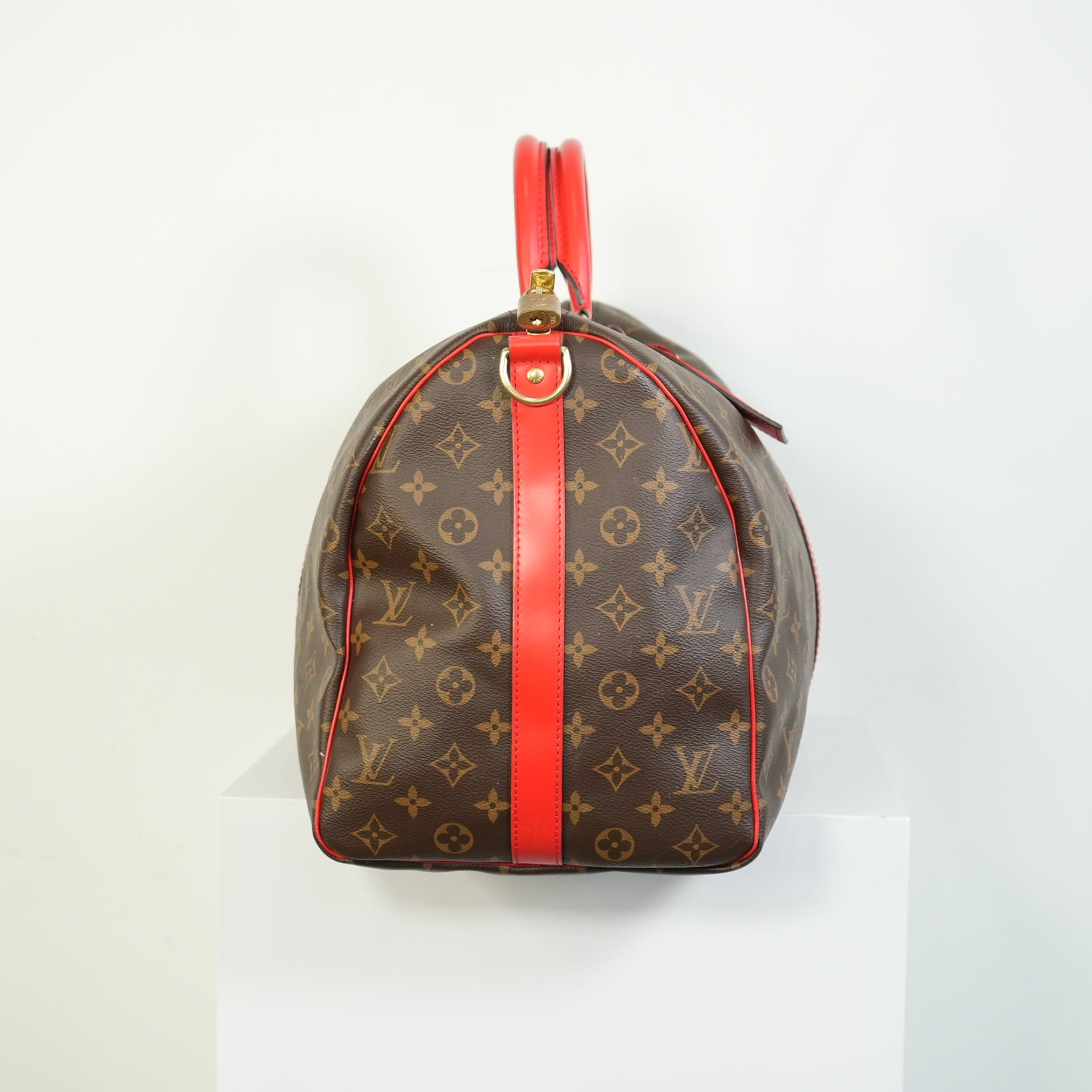 Louis Vuitton Keepall Bandouliere Monogram Canvas Duffle Bag Red Trim