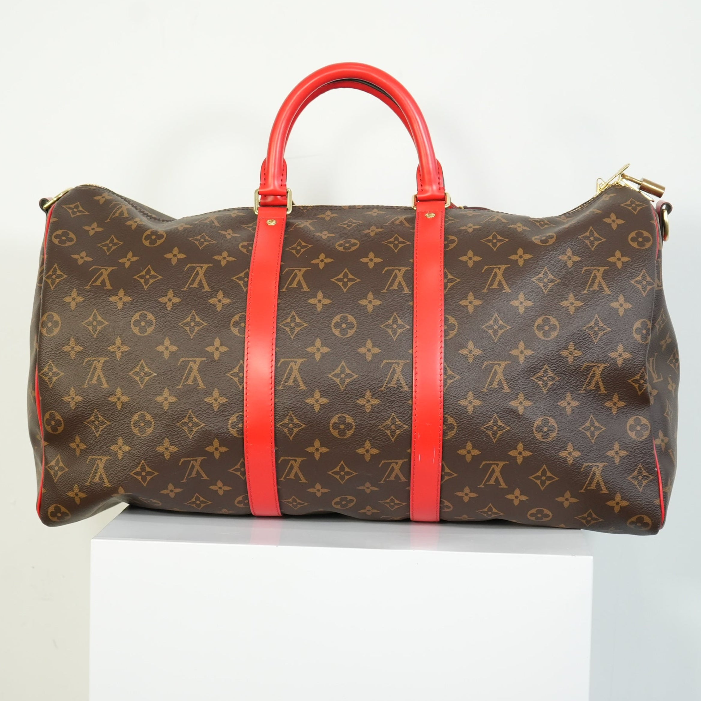 Louis Vuitton Keepall Bandouliere Monogram Canvas Duffle Bag Red Trim