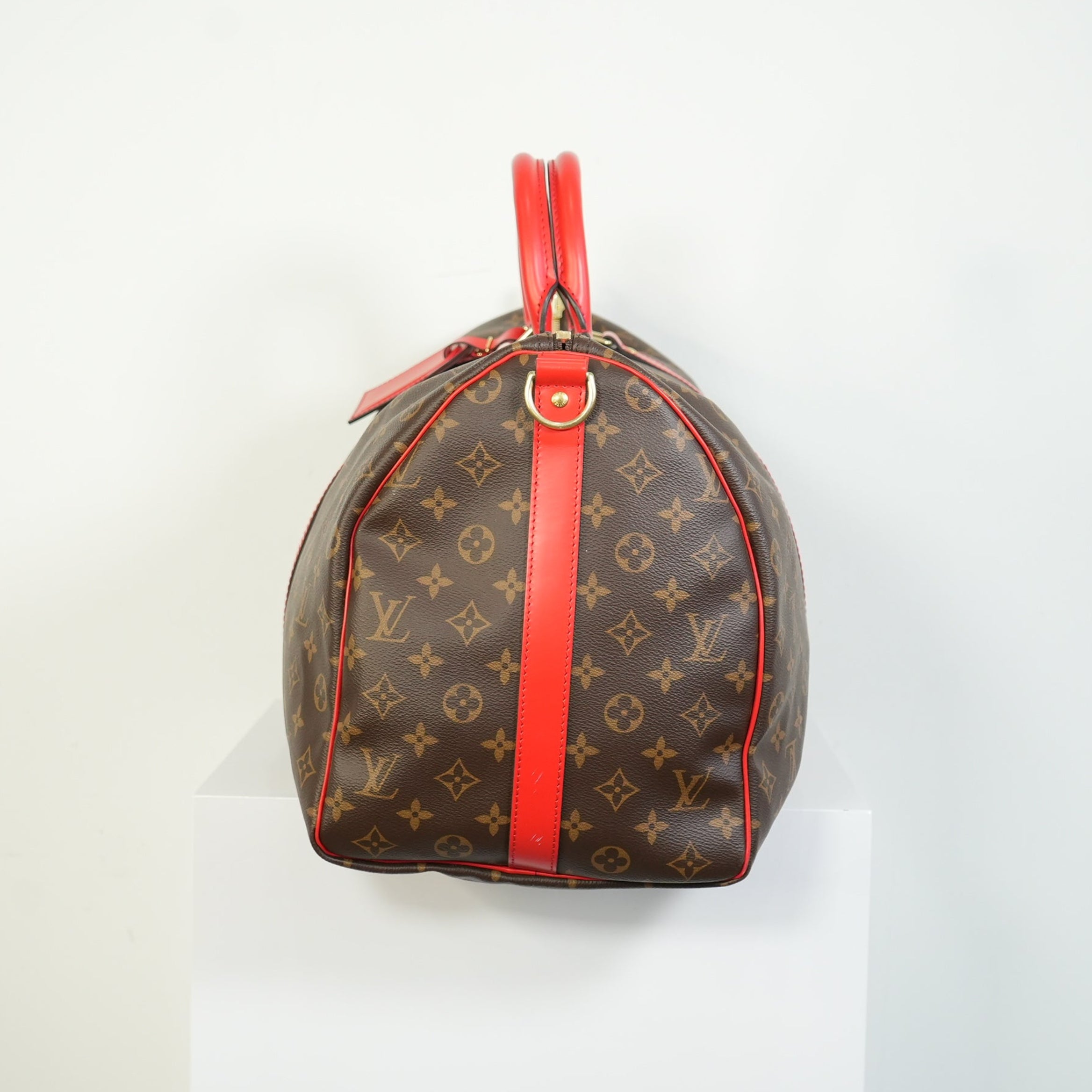 Louis Vuitton Keepall Bandouliere Monogram Canvas Duffle Bag Red Trim