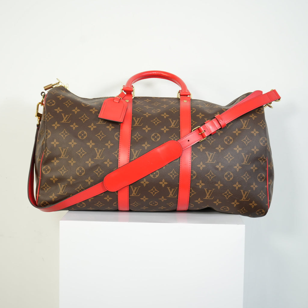 Louis Vuitton Keepall Bandouliere Monogram Canvas Duffle Bag Red Trim