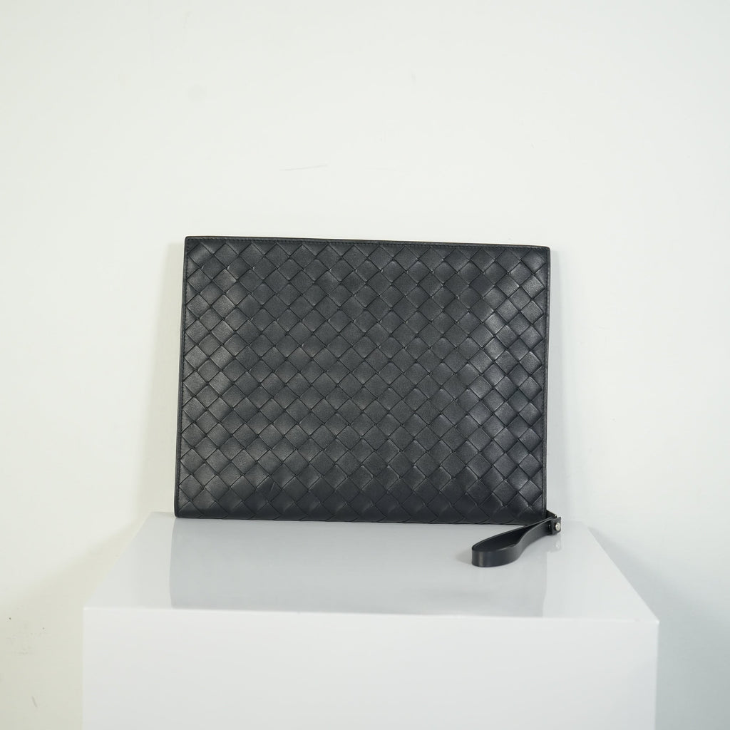 Bottega Veneta Intrecciato Woven Leather Document Case Clutch Pouch Black