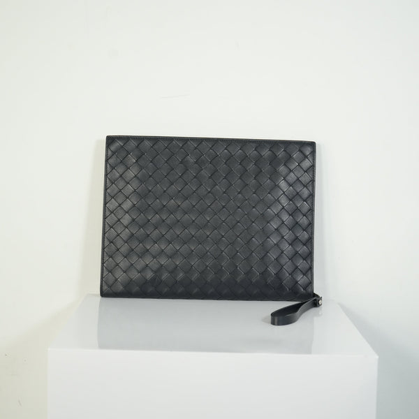 Bottega Veneta Intrecciato Woven Leather Document Case Clutch Pouch Black