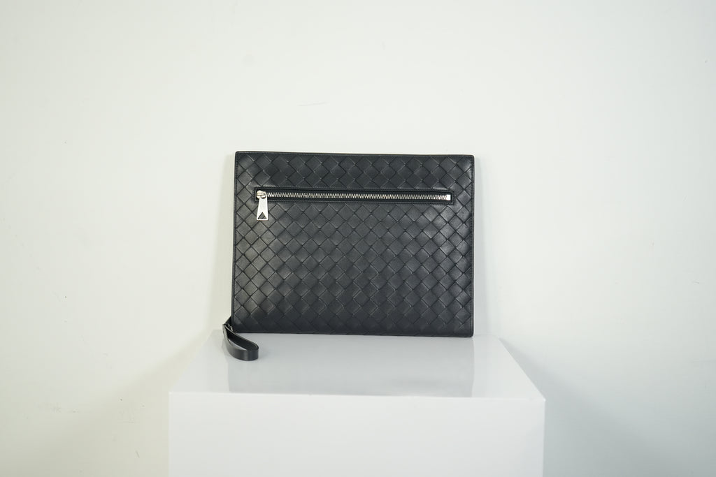 Bottega Veneta Intrecciato Woven Leather Document Case Clutch Pouch Black