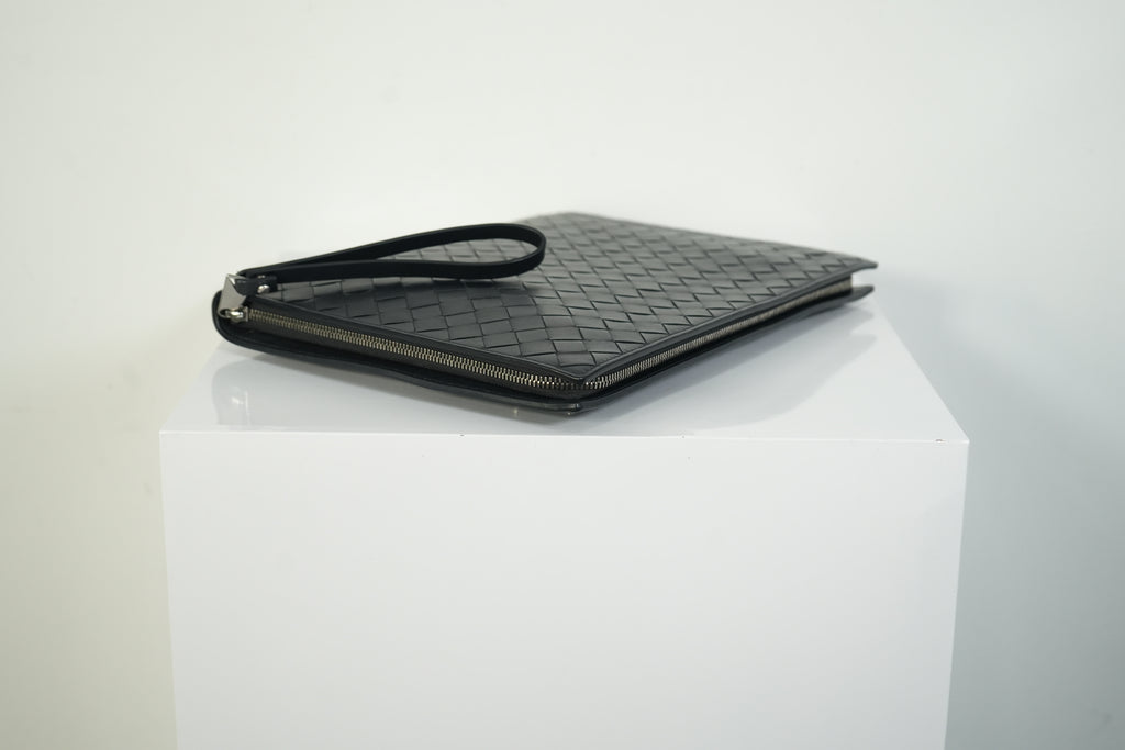 Bottega Veneta Intrecciato Woven Leather Document Case Clutch Pouch Black