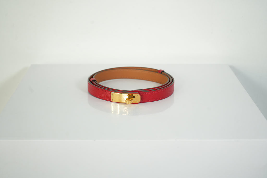 Hermes Kelly 18 Belt Red Textured Leather Gold Hardware FULL SET