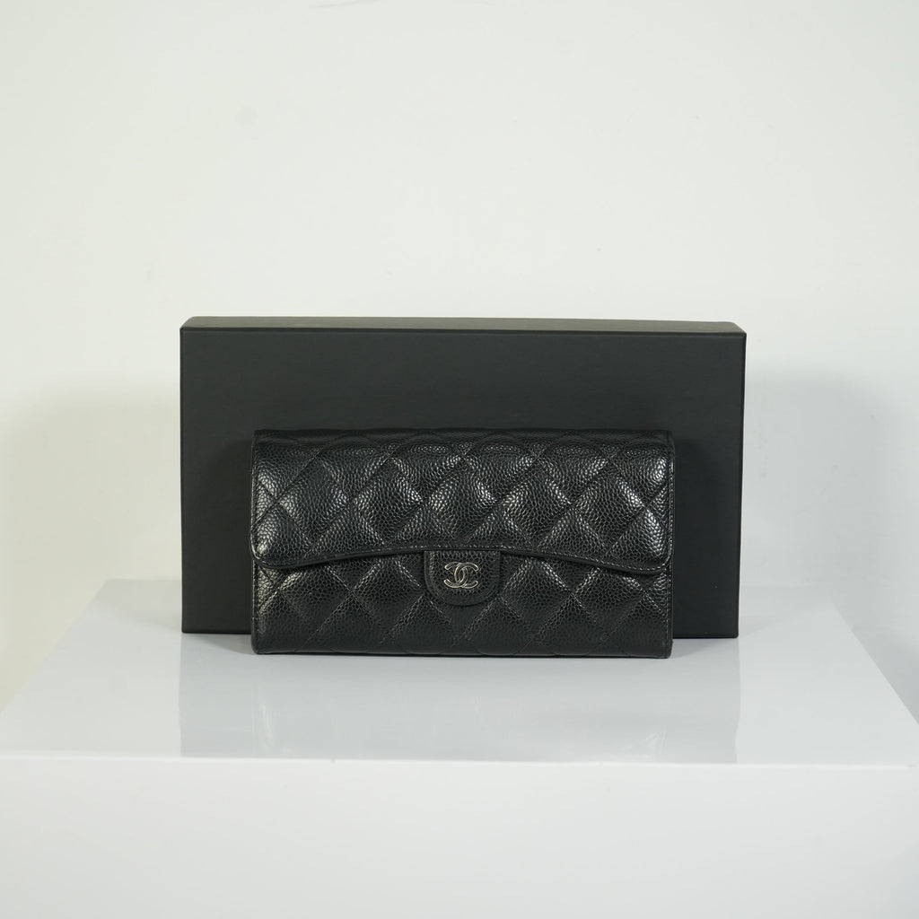 Chanel Classic Flap Long Wallet Black Caviar Leather Silver Hardware