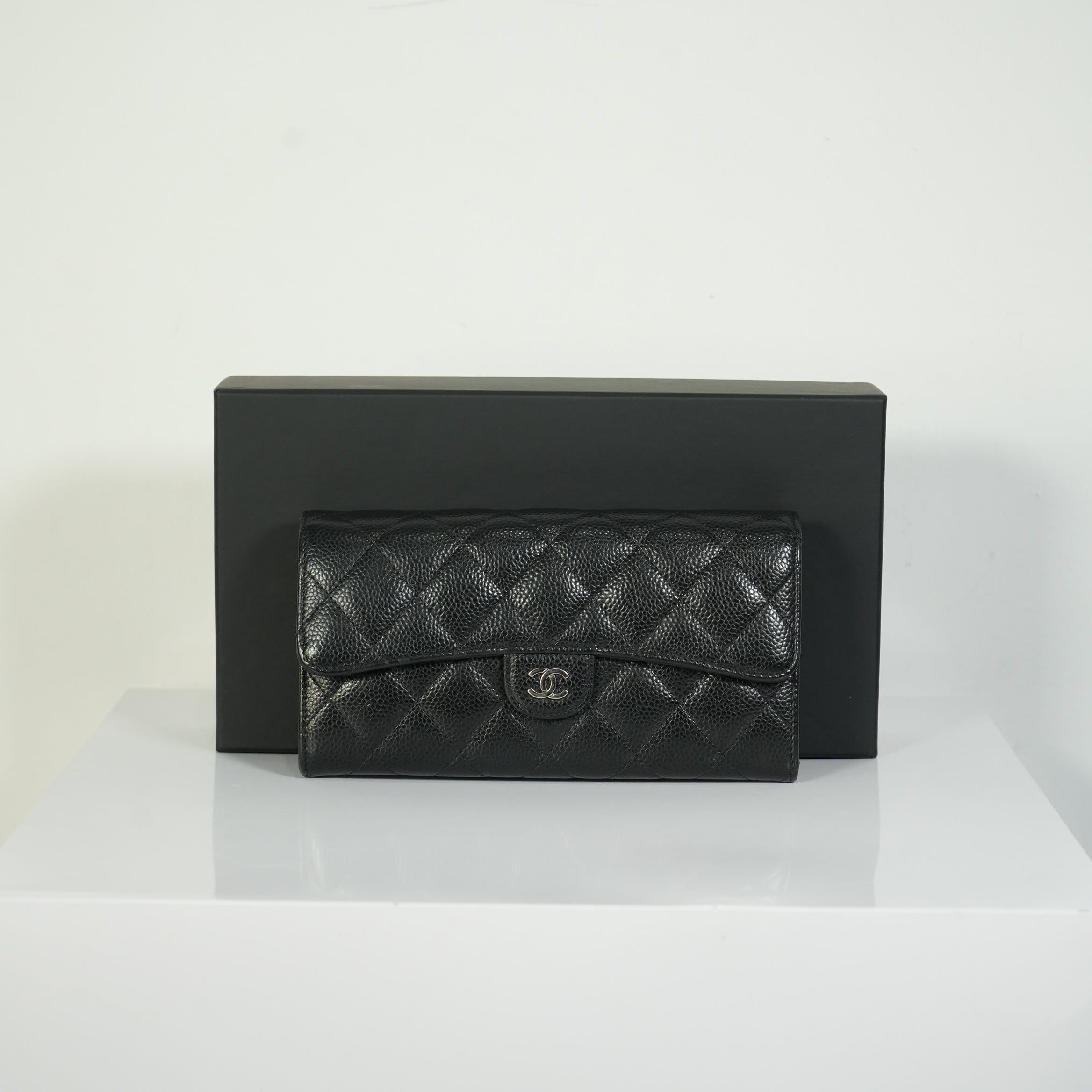 Chanel Classic Flap Long Wallet Black Caviar Leather Silver Hardware