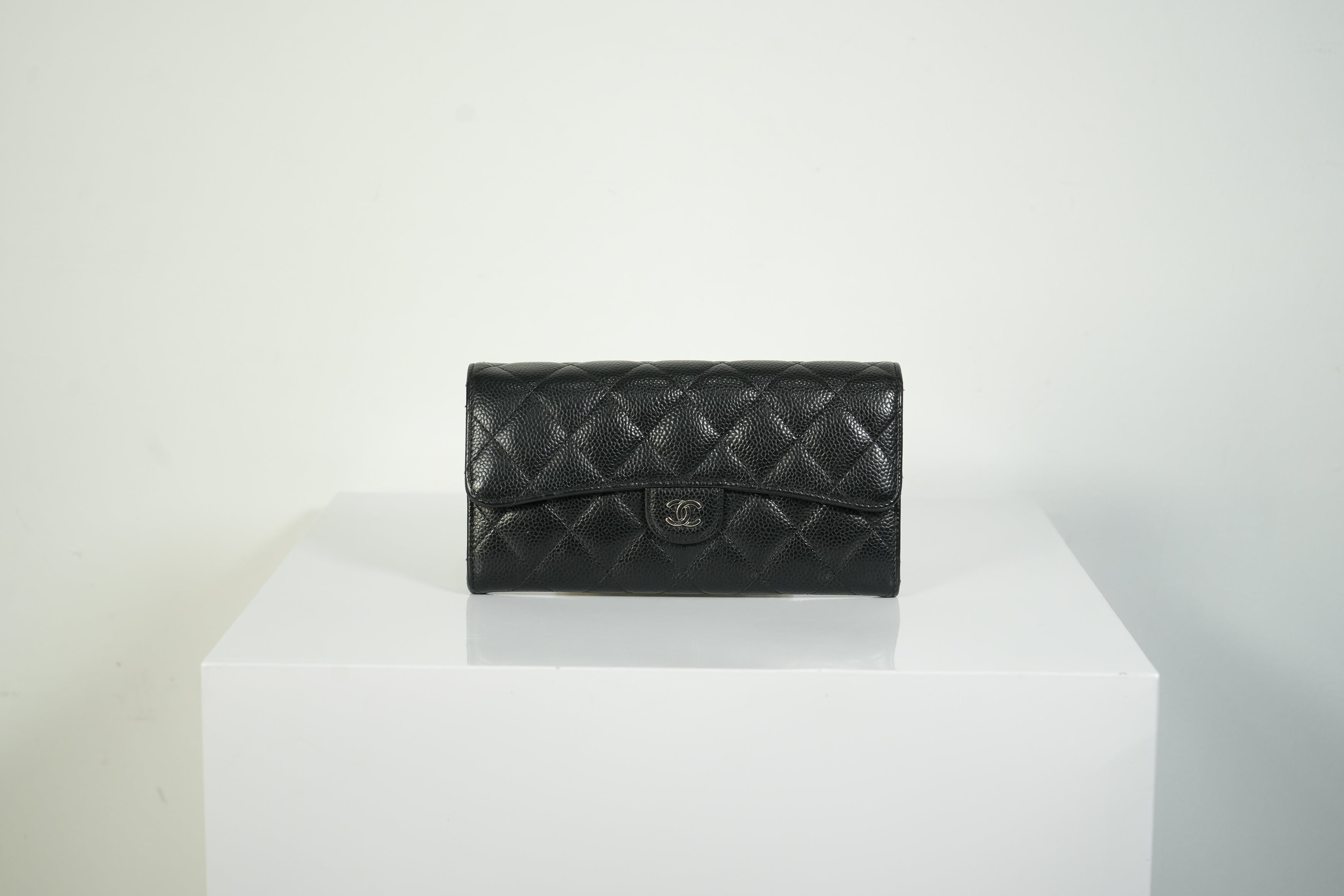 Chanel Classic Flap Long Wallet Black Caviar Leather Silver Hardware